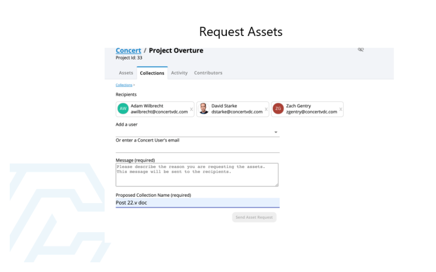 Concert Request Assets dialog showing email notification and asset submission